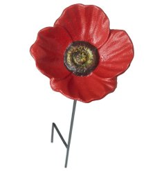 A bright and bold poppy flower stake bird feeder. A unique gift item and functional garden accessory. 