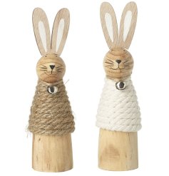 A natural wooden bunny laced with jute twine and a tiny bell collar, in 2 assorted designs. 