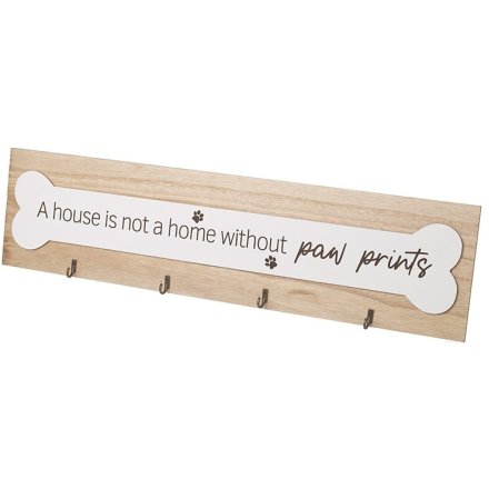 Paw Prints Wooden Plaque With Hooks, 60cm