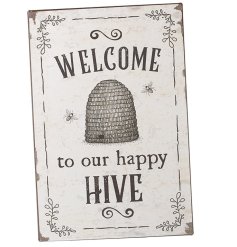 Welcome to our happy hive. A unique bee themed metal sign with a vintage aesthetic and hive illustration. 