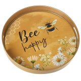 A beautiful honey coloured round tray with a Bee Happy slogan and painted illustration. 