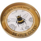 A beautiful round tray in a rich honey colour with a stunning bumble bee illustration and Be Our Guest slogan. 