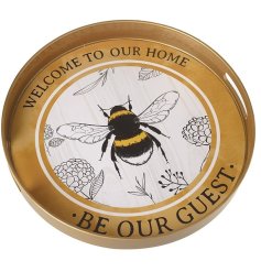 A beautiful round tray in a rich honey colour with a stunning bumble bee illustration and Be Our Guest slogan. 