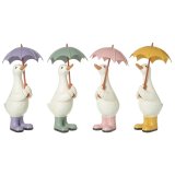An assortment of 4 duck ornaments, each with wellington boots and an umbrella.