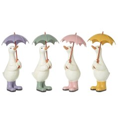 An assortment of 4 duck ornaments, each with wellington boots and an umbrella.