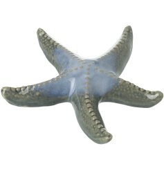 A simple glazed starfish ornament a two tone blue with 3D detailing. 