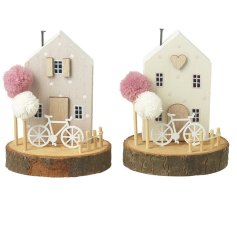 2 assorted wooden house ornaments with quaint detailing and added detail.