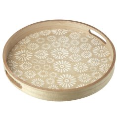 A gorgeous natural wood tray with etched floral patterns and two carry handles. 