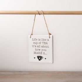 A chic ceramic sign with a charming tea slogan. Complete with a rustic jute hanger. 