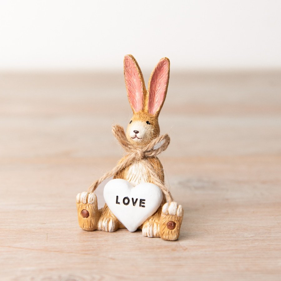 A chic sitting rabbit ornament with a sentiment LOVE heart and rustic bow. 