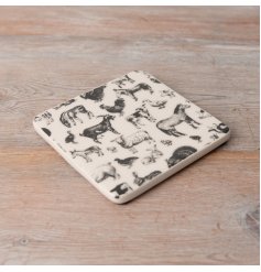 A classic ceramic coaster with a rustic illustrated farmyard design in black and white. 
