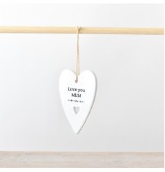 A sweet ceramic heart hanger with a loving quote towards a mum. 