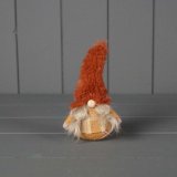 A cute mini gonk wearing a fur orange hat and a yellow tartan outfit. 