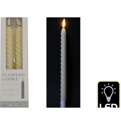 This set of 2 taper candles with a twist effect pattern are made with an LED flame, making it a safer way to enjoy a cos