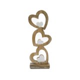 A chic wooden ornament featuring a natural balancing hearts each with a mini white heart inside. 