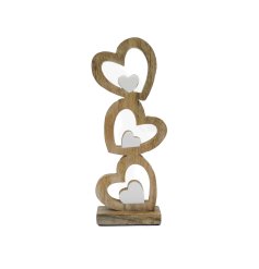 A chic wooden ornament featuring a natural balancing hearts each with a mini white heart inside. 