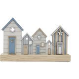 A blue house scene set by the beach featuring different style houses, set on a chunky wooden base.