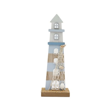 Freestanding Wooden Lighthouse in Blue, 28cm 2 Asrtd
