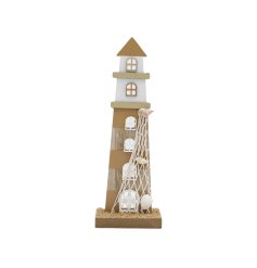 Add a touch of coast to the home interior with this lighthouse ornament in wood. 