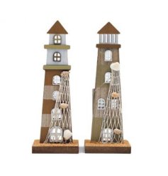 Bring the beach to the living room with this neutral lighthouse ornament with a sand base and nautical additions. 