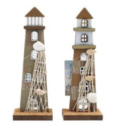 A natural toned lighthouse decoration featuring a sandy base with a fishermen's net entwined with beach shells.