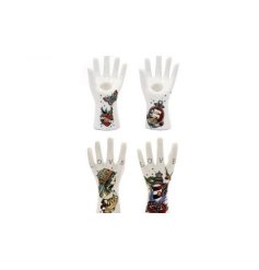 Elevate the home decor with this assortment of 2 candle holders in a hand shape, featuring detailed illustrations of Phr