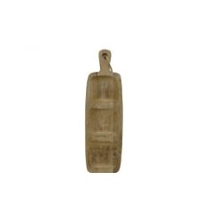 A vintage style serving board with a distressed look and jute rope attached to the handle. 