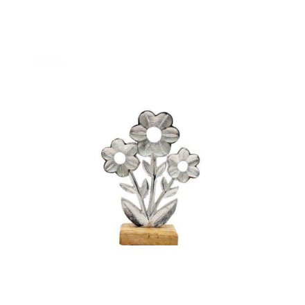 Aluminium Flower On Wooden Stand, 16cm