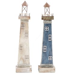 An assortment of 2 rustic lighthouse ornaments with rope detailing and a distressed painted finish. 