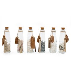 This assortment of 6 shell filled glass bottles are perfect for placing along a windowsill to remember of a time at the 