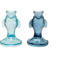 Crafted from glass, these fish candle holders are available in two distinct shades of blue.