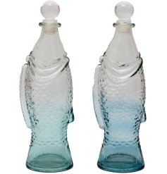 An assortment of 2 coloured fish bottles complete with rounded topper.