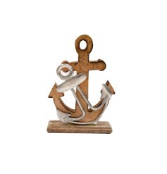 A coastal ornament made from aluminium and wood in an anchor design. 