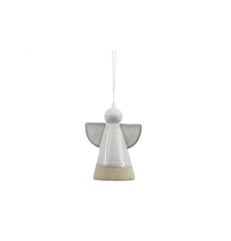 A dainty angel decoration hung from jute string, finished with a simple glaze. 