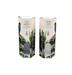 2 assorted reed diffusers from the Palm range, featuring parrot an palm tree illustrations. 
