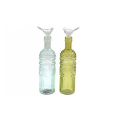 A gorgeous glass bottle adorned with embossed markings and a bird topper, in 2 assorted designs. 