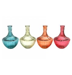 An assortment of 4 ribbed glass vases, each adorned with a bright colour! Sure to make a statement in any home space.
