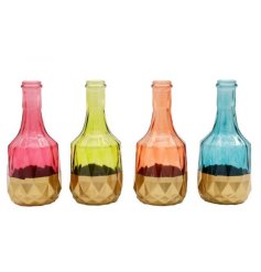 A unique assortment of 4 boho glass vases, each with a different bright colour and gold painted base!