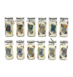 A tube candle in 12 assorted zodiac designs. 