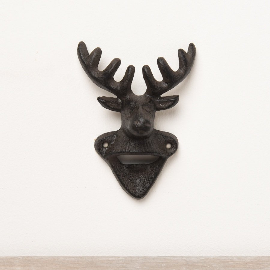 A sturdy wall attached bottle opener in a countrystyle stag design. 