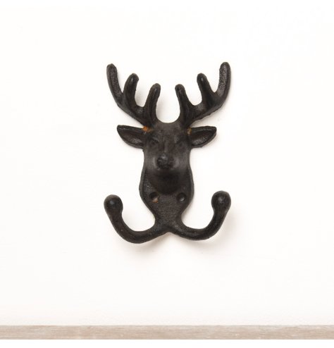 A woodland style wall hook featuring a deers head design and two separate hooks.