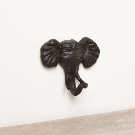 A chic elephant hook made from cast iron with textured detailing and two pre drilled holes for easy hanging. 