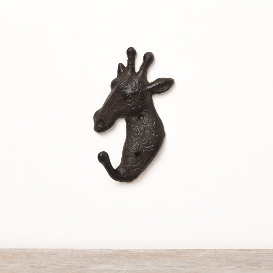 A chic giraffe wall hook made from cast iron manufactured with two pre drilled holes.