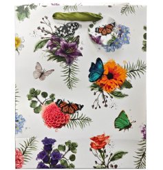 A large gift bag detailing an array of flowers and colourful butterflies.