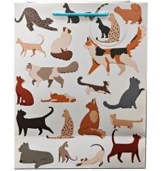 A large gift bag from the feline fine range, featuring a grey bag decorated with numerous cat images.