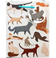 A medium sized gift bag featuring an array of different cat, complete with gift tag.