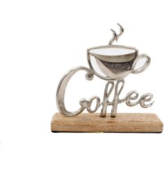 A metal coffee sign set on a chunky wooden plaque. 