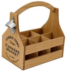 A wooden bottle holder crate from the general store range with a bottle opener attached to the side. 