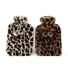 2 assorted hot water bottles in a faux fur leopard print design. 