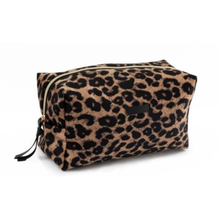 A cosmetics bag in a leopard print pattern. 